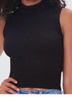 Sleeveless Mock Neck Ribbed Tank Top - Black Large